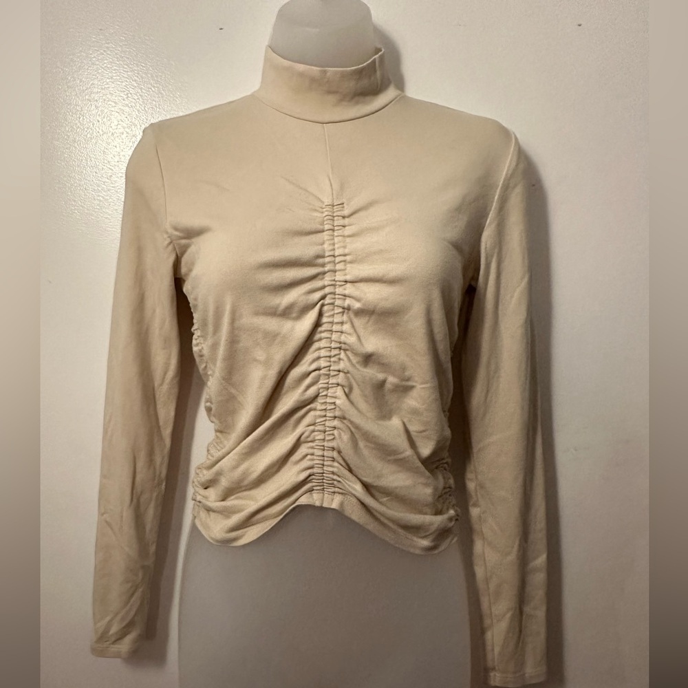 Zara Cream Mock Neck Long Sleeve Shirred Top - L